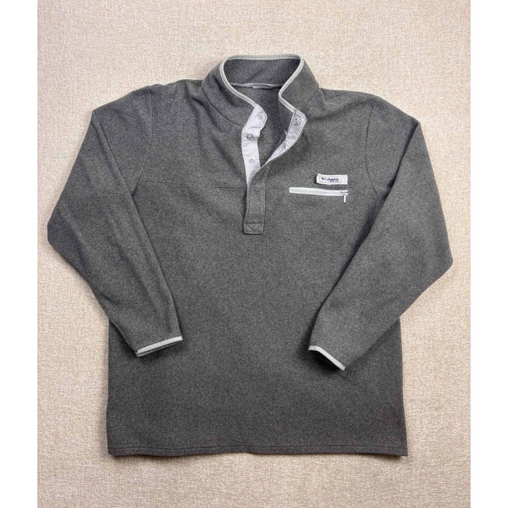 Columbia PFG Mens XL Fleece Pullover Gray Snap Mock Neck Fishing Sweater